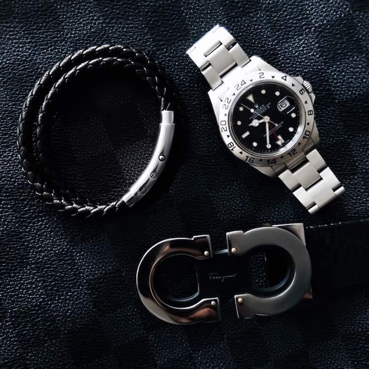 Double Leather Bracelet in Silver & Black - Our Men's Double Leather Bracelet with Black Leather and a Polished Silver Adjustable Clasp Engraved with our Signature RG&B Logo.